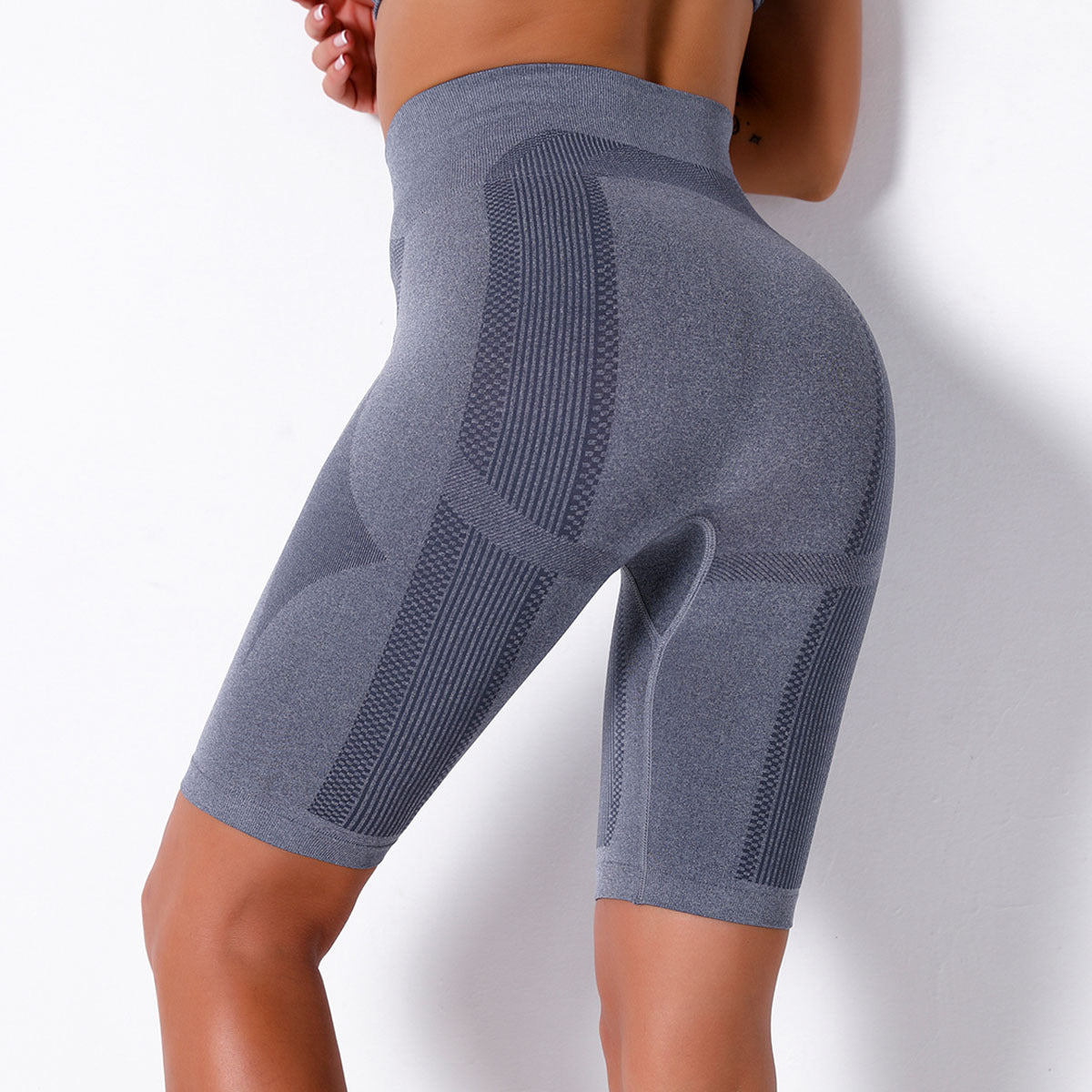 Gray athletic shorts from Seamless Knit Breathable Striped Shorts Yoga Pants for fashion