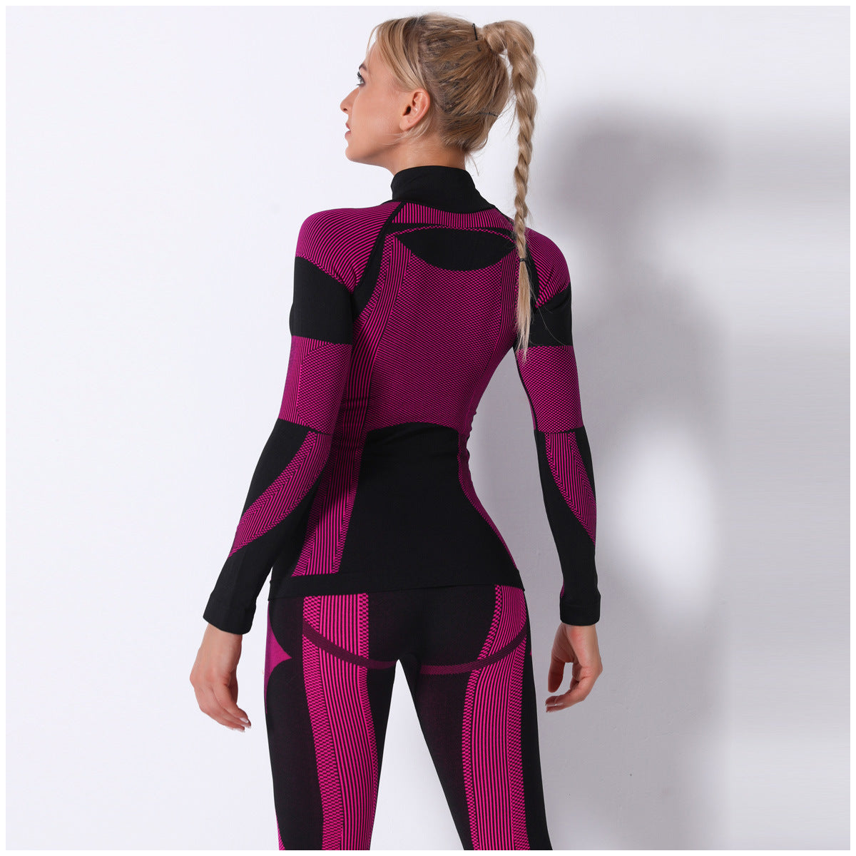 Magenta and black seamless knitted turtleneck yoga top bodysuit