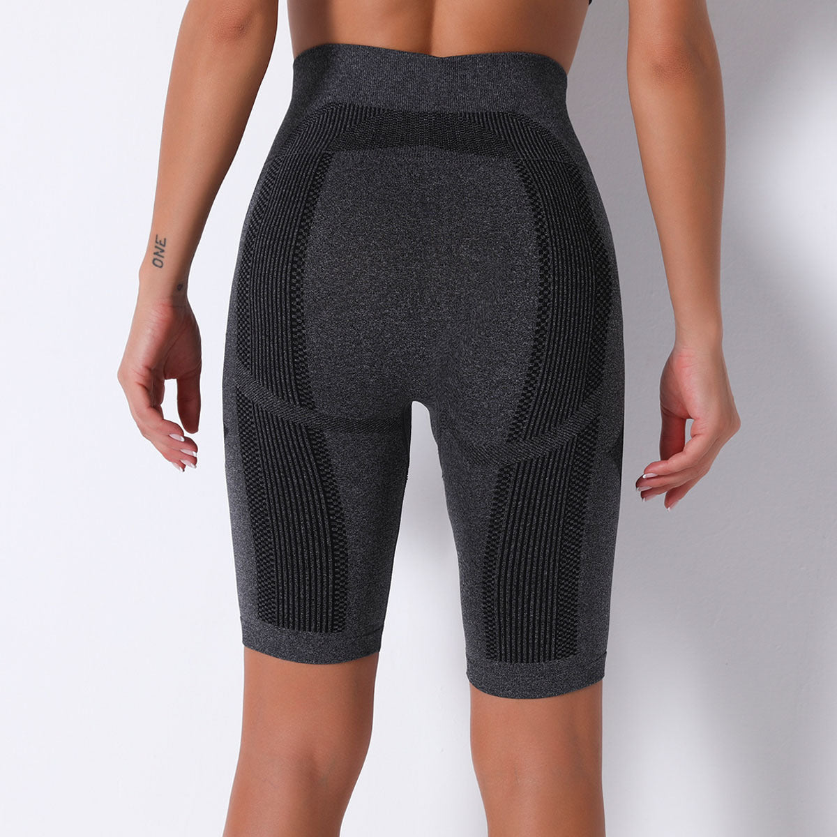 Gray athletic shorts from Seamless Knit Breathable Striped Shorts Yoga Pants for active fashion