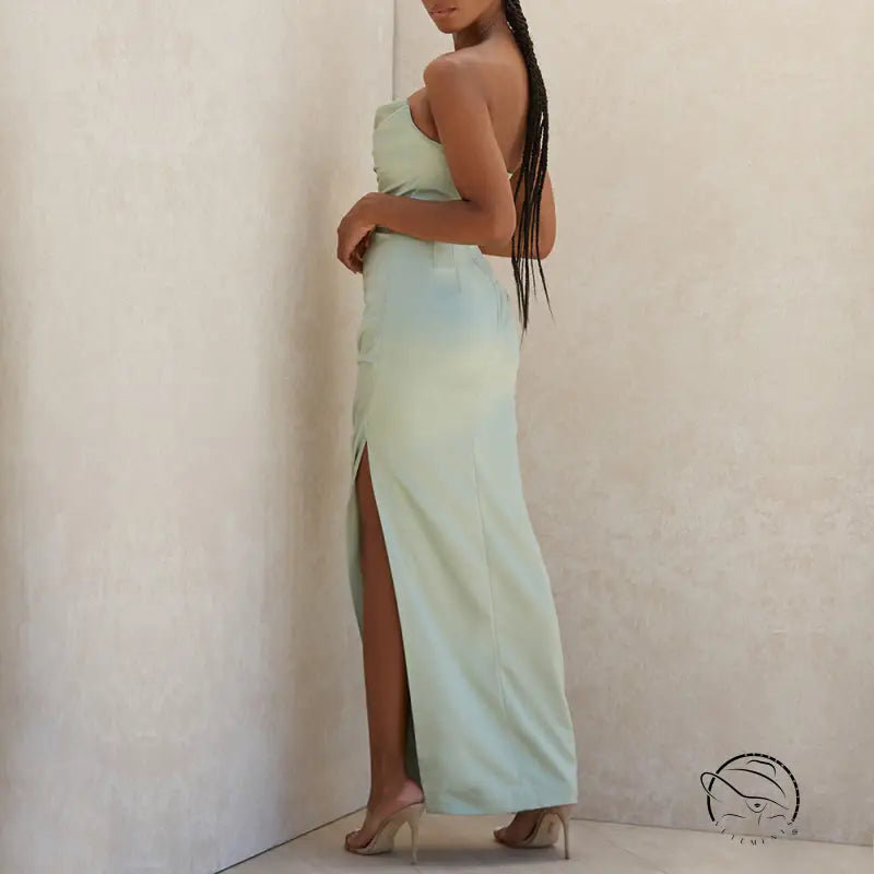 Elegant langry mint green strapless maxi dress with side slit for fashion ملابس