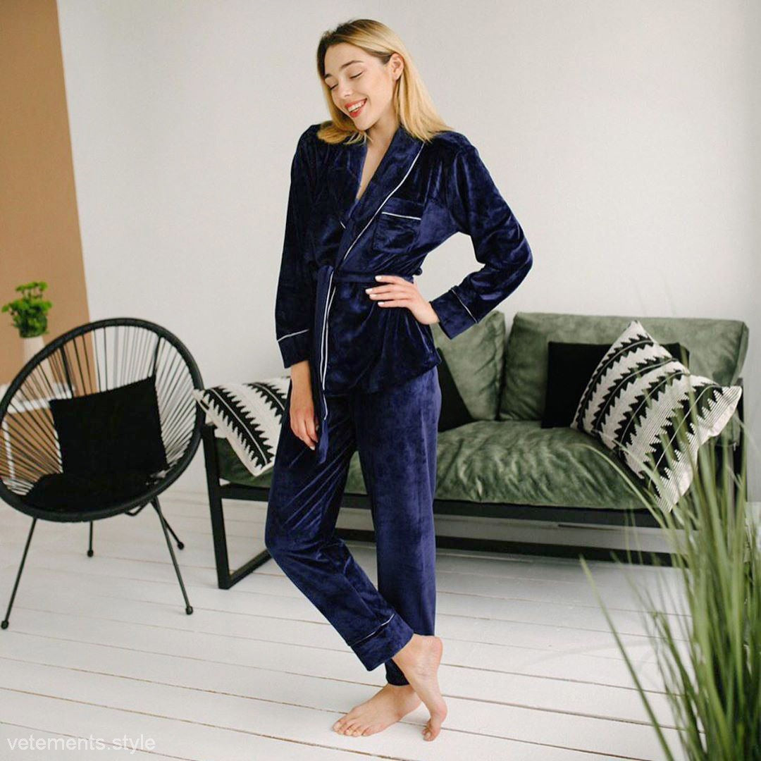 Navy velvet pajama set from Velvet Warm Pajamas collection for ultimate comfort