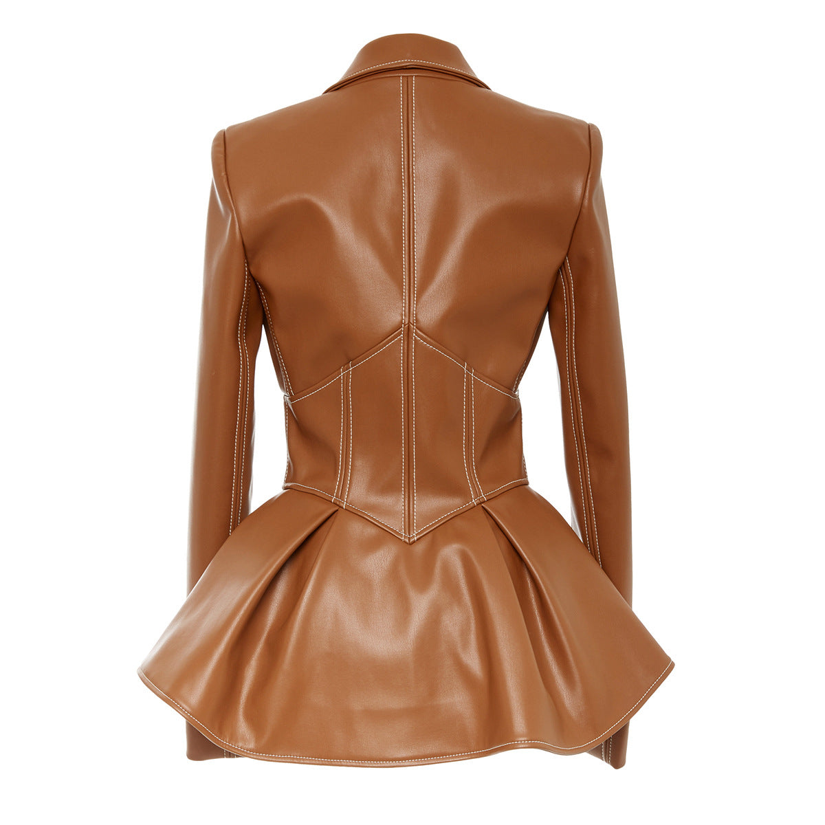 Brown faux leather jacket with peplum style and fitted waist for contemporary fashion