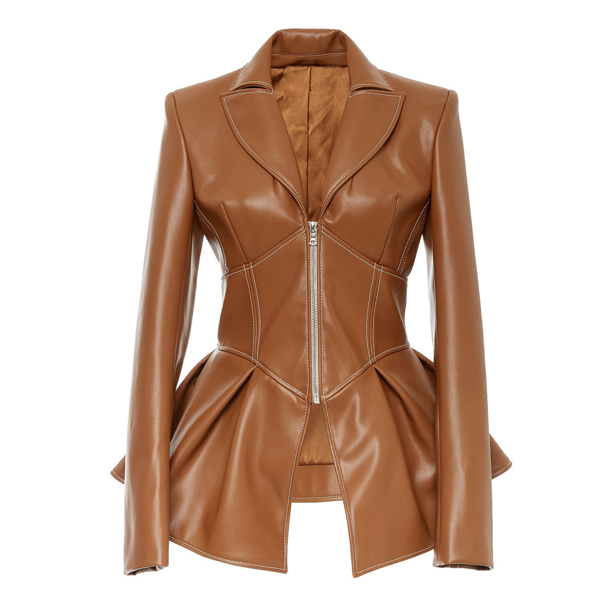 Brown leather jacket with zipper and peplum waist in modern faux leather design