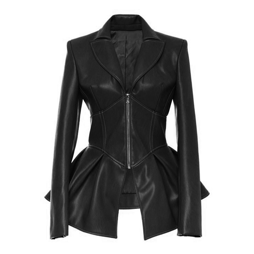 Black fitted faux leather jacket with corset-style waist and front zipper detail