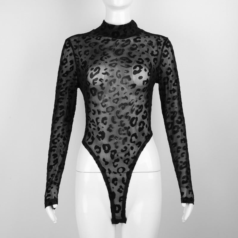 Black leopard print mesh long sleeve bodysuit for women’s autumn winter clothing fashion