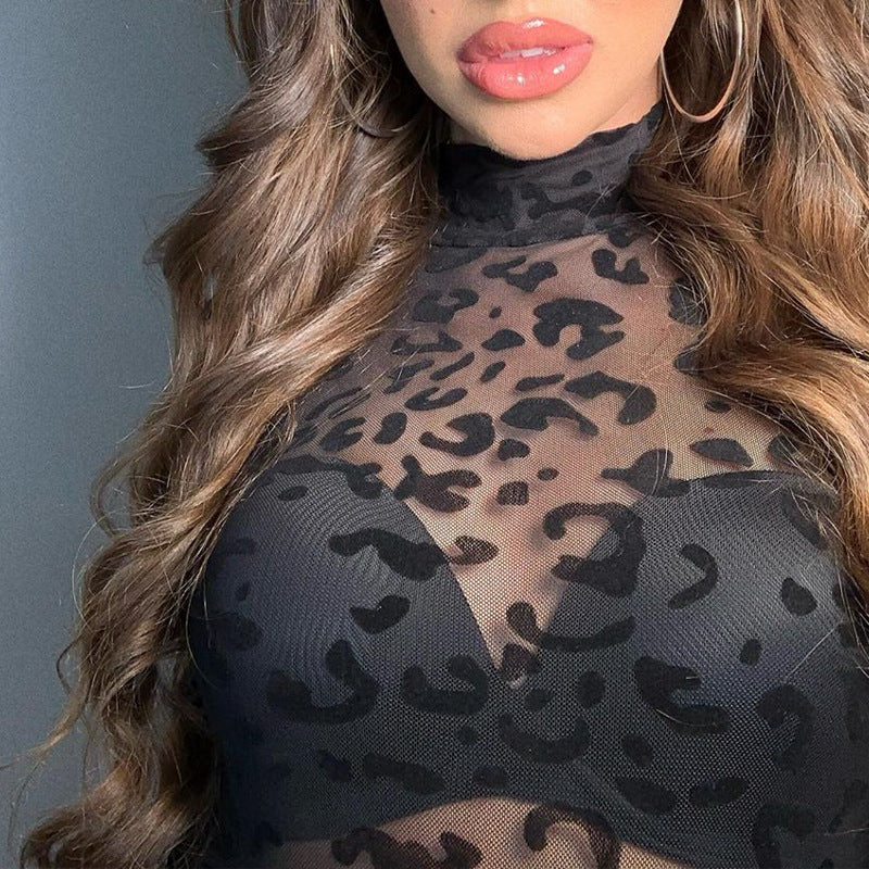 Leopard print mesh long sleeve top for women clothing autumn winter style