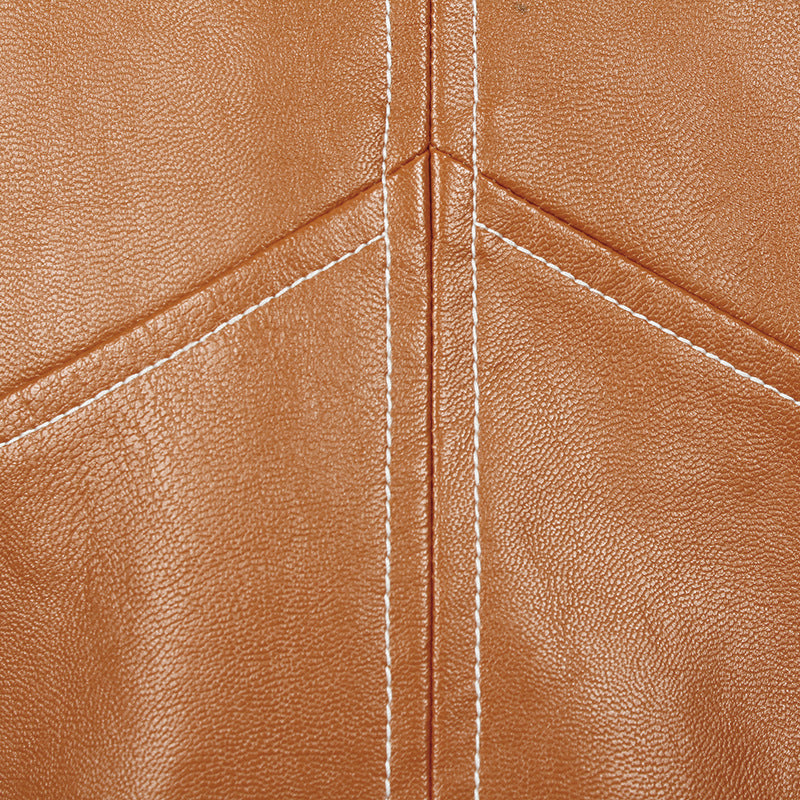 Brown faux leather material with stitched seams on a Modern Faux Leather Jacket