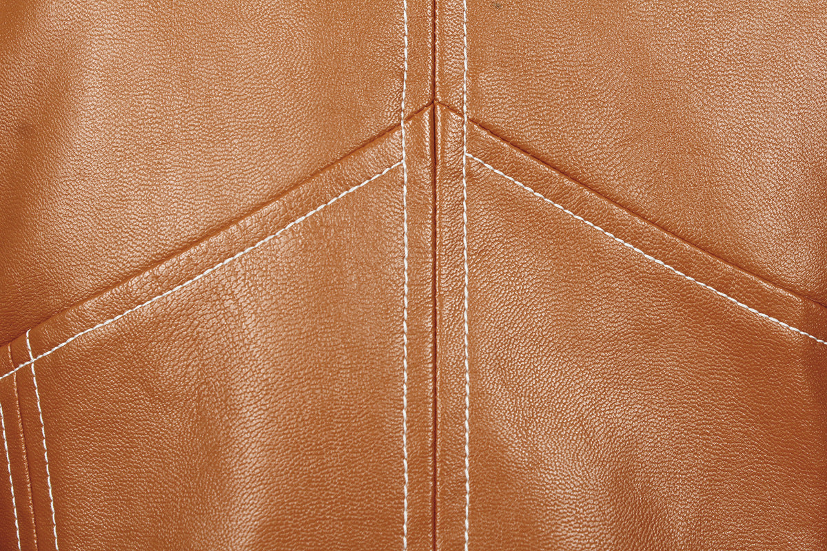 Brown faux leather material with stitched seams on a Modern Faux Leather Jacket