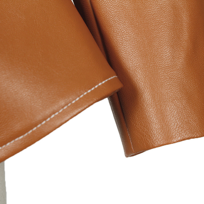 Brown leather material with visible stitching detail on a Modern Faux Leather Jacket