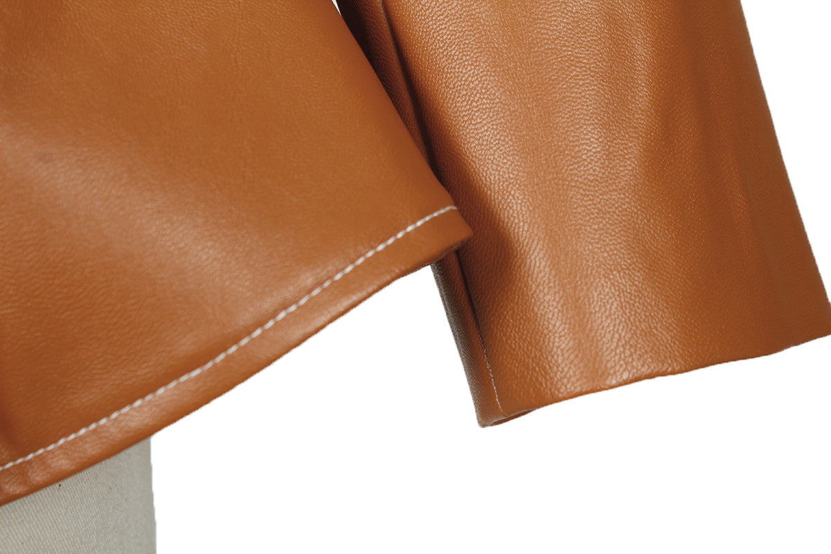 Brown leather material with visible stitching detail on a Modern Faux Leather Jacket