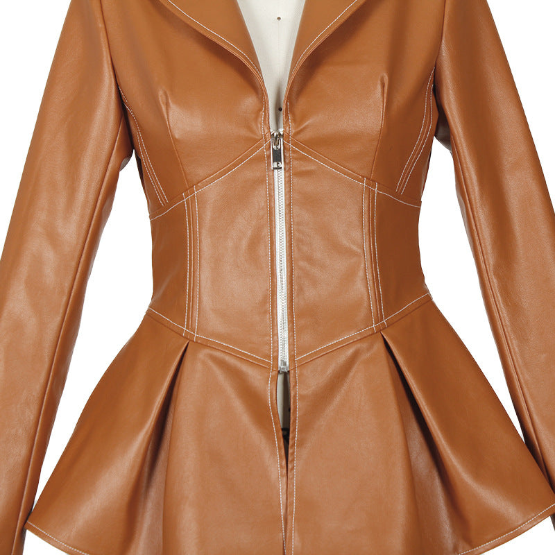 Tan faux leather peplum jacket featuring front zipper closure for a stylish look