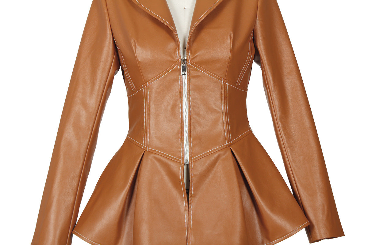Tan faux leather peplum jacket featuring front zipper closure for a stylish look