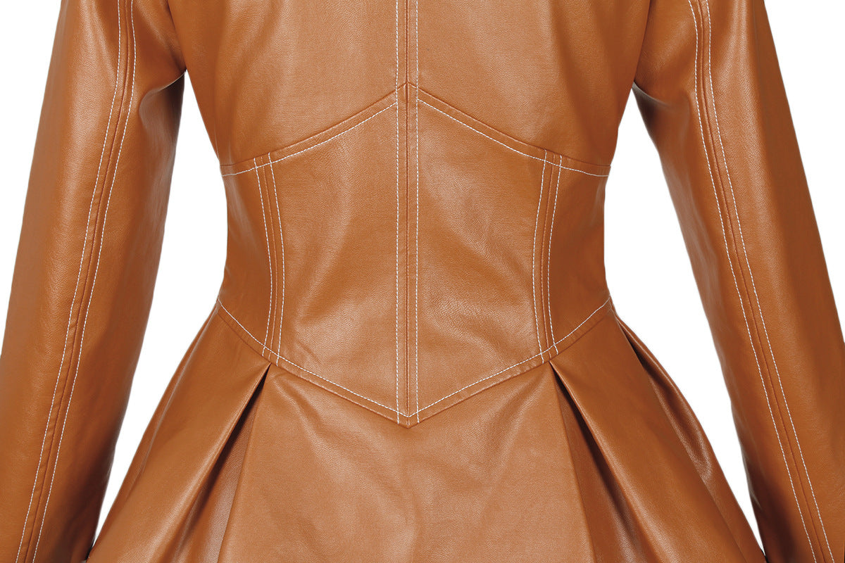 Tan faux leather jacket with fitted waist and pleated bottom detail for modern style