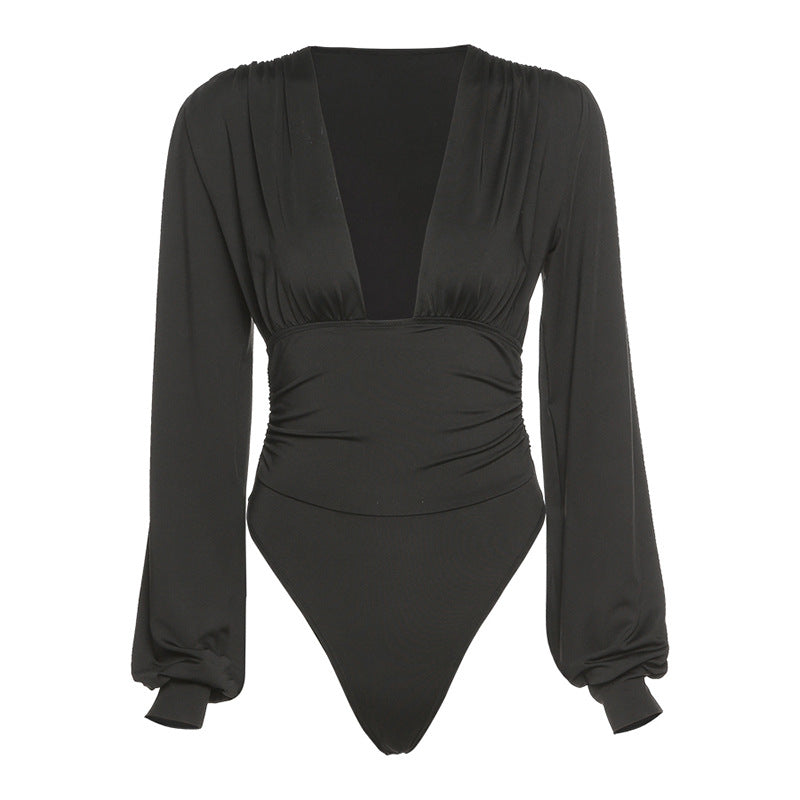 Black long-sleeve low cut solid color ruched bodysuit for women in Spring Fashion Design