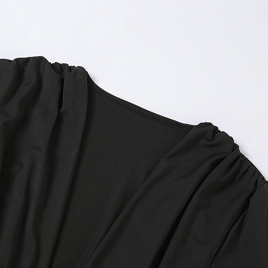 Black V-neck long sleeves bodysuit with puffed sleeves and gathered shoulders
