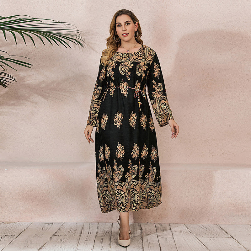Ethnic Loose Maxi Dress Cashew Printed Long Sleeve