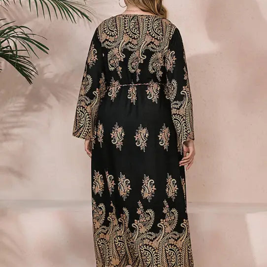 Ethnic Loose Maxi Dress Cashew Printed Long Sleeve