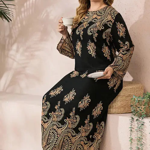 Ethnic Loose Maxi Dress Cashew Printed Long Sleeve