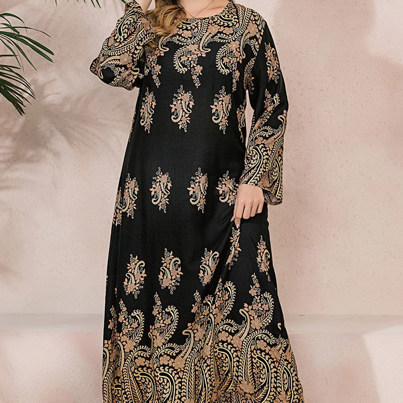 Ethnic Loose Maxi Dress Cashew Printed Long Sleeve