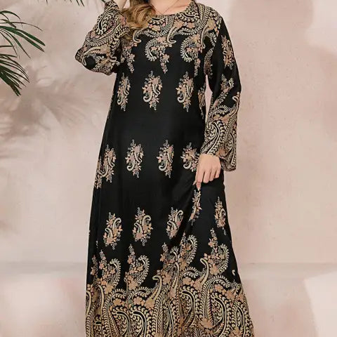 Ethnic Loose Maxi Dress Cashew Printed Long Sleeve