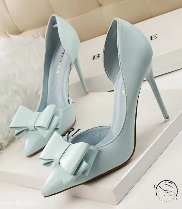 Pale blue stiletto high heels with bows, perfect blend of elegance