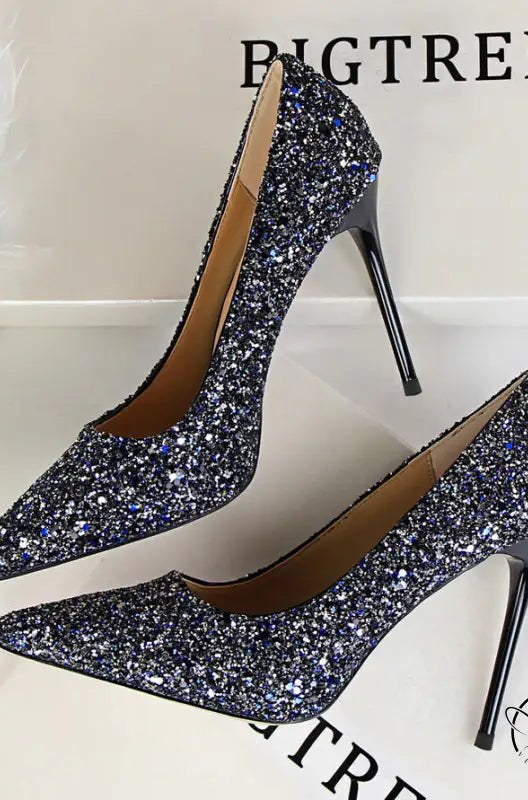 Elegant langry blue glitter fashion high heel pump with pointed toe