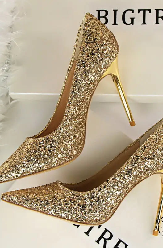 Elegant langry fashion gold glitter high heel pumps with metallic heels