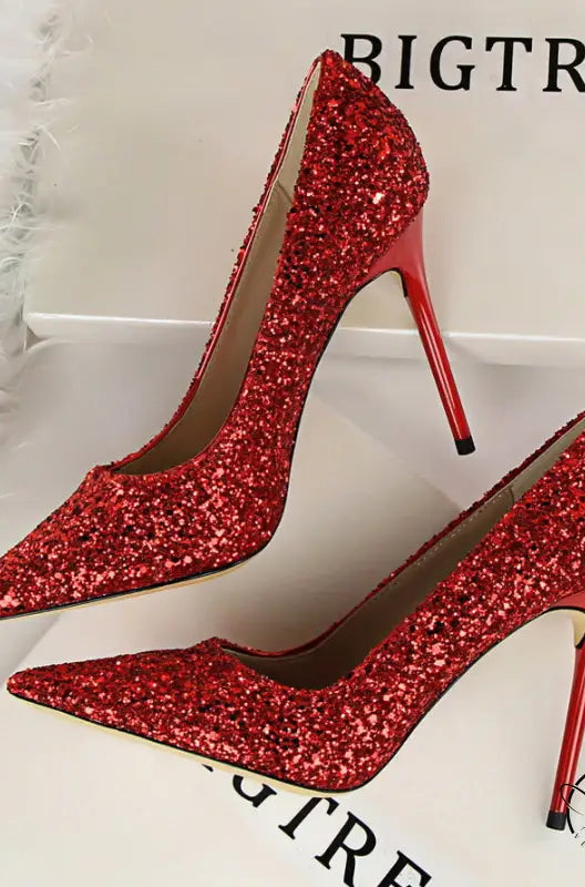 Elegant langry fashion red glitter pointed toe high heel pumps
