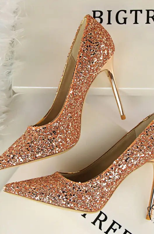 Elegant langry rose gold glitter high heel pumps with metallic accents