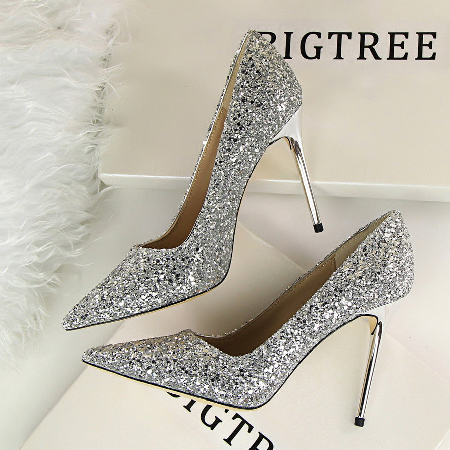 Langry elegant slimming silver glitter high heel pumps with pointed toes