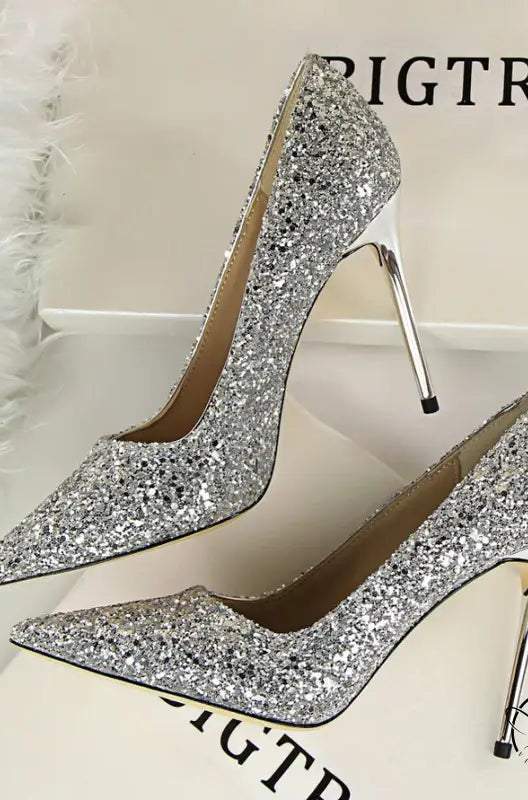 Elegant langry silver glitter fashion high heel pumps with pointed toes