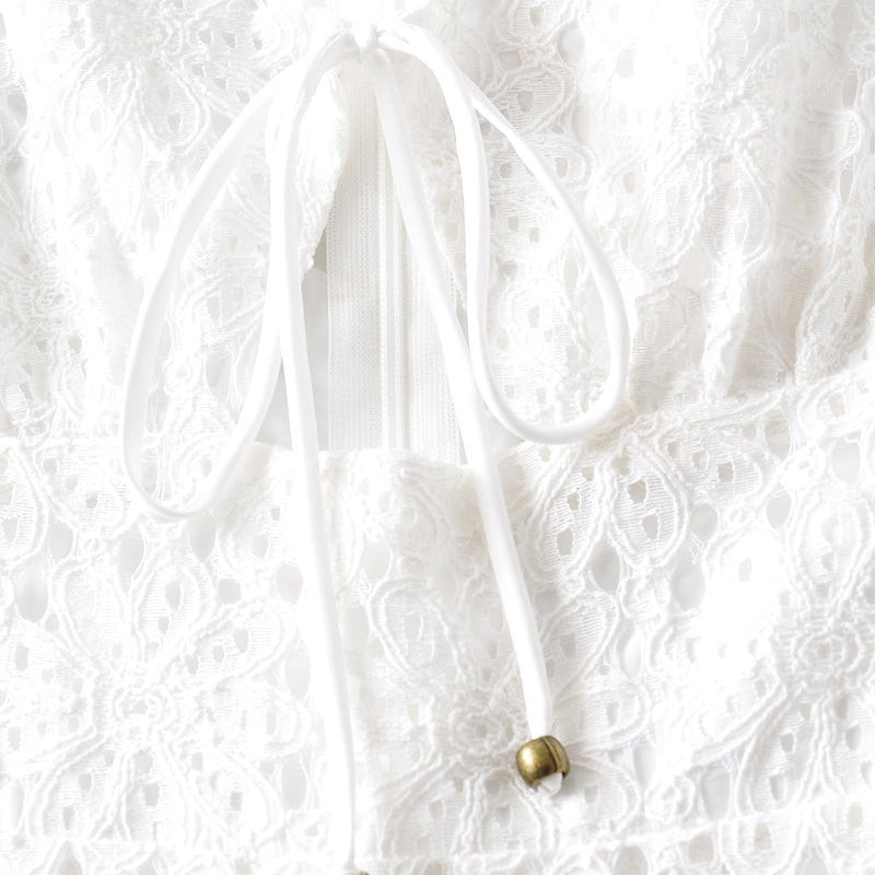 White lace top with tie detail from the Elegant Short Lace Up Dress collection