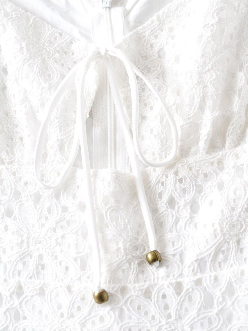 White lace top with tie detail from the Elegant Short Lace Up Dress collection