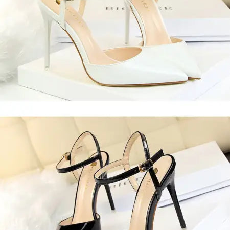 Leather slim fit strap high heel: black and white pointed toe sandals