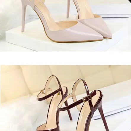 Leather slim fit strap high heel beige brown sandals with patent leather finish