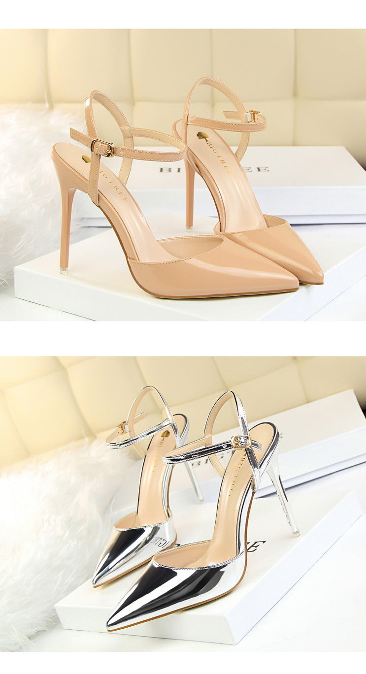 Langry nude patent leather slim fit strap high heel pumps with metallic accents and ankle strap for fashion ملابس