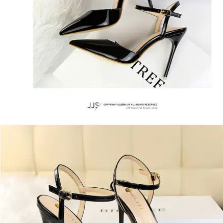 Black leather slim fit strap high heel sandals with ankle strap