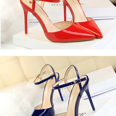 Red and navy blue leather slim fit strap high heel sandals