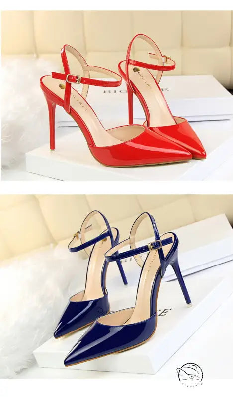 Red and navy blue leather slim fit strap high heel sandals