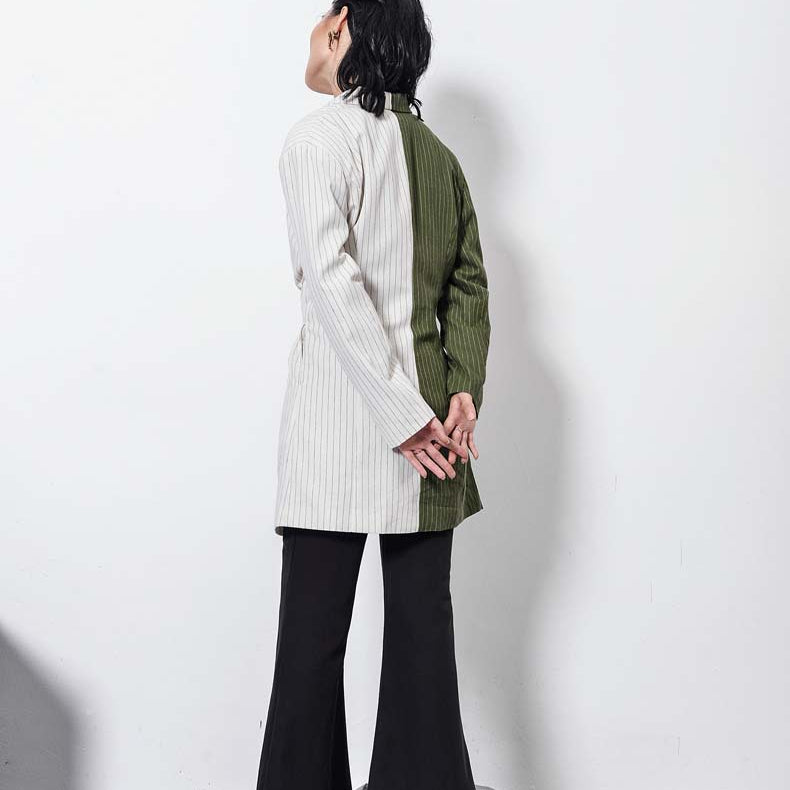 Elegant Colorful Blazer featuring a two-tone design paired with stylish flared pants for fashion