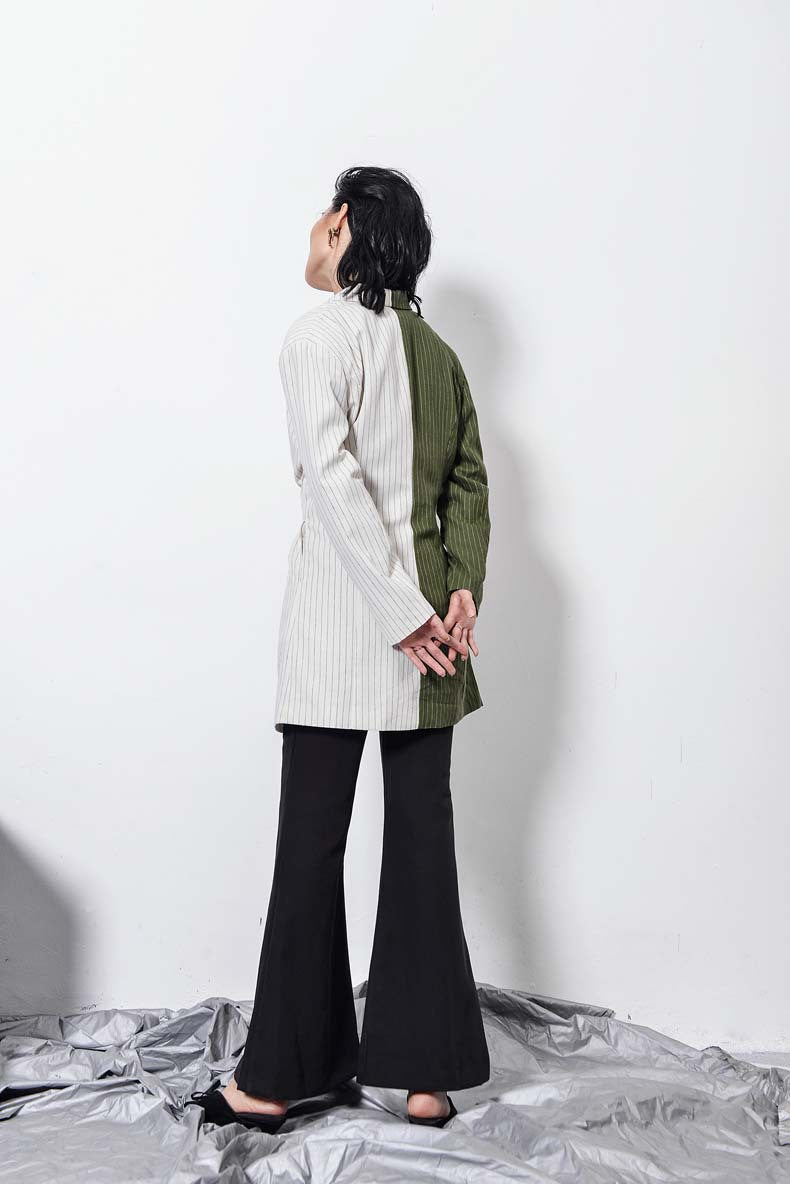 Elegant Colorful Blazer featuring a two-tone design paired with stylish flared pants for fashion