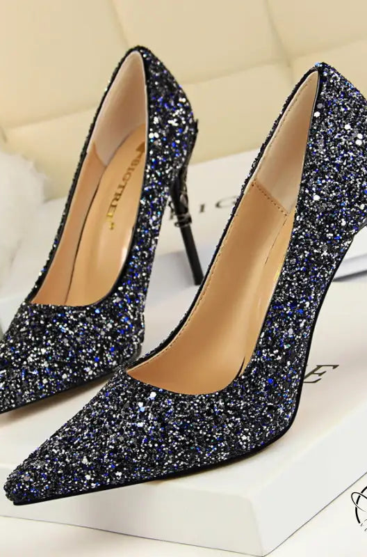 Elegant langry fashion blue glitter pointed toe stiletto pumps