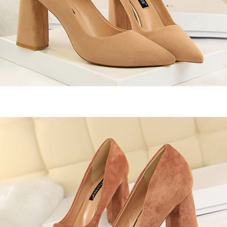 Suede block heel pumps, part of the Comfy Skinny High Heels collection, showcasing fashion ملابس