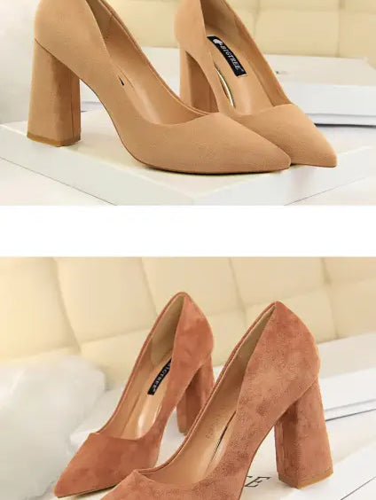 Langry fashion suede block heel pumps in comfy skinny high heels style