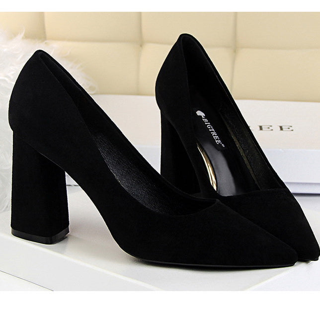 Black suede block heel pumps from Comfy Skinny High Heels for elegant fashion ملابس