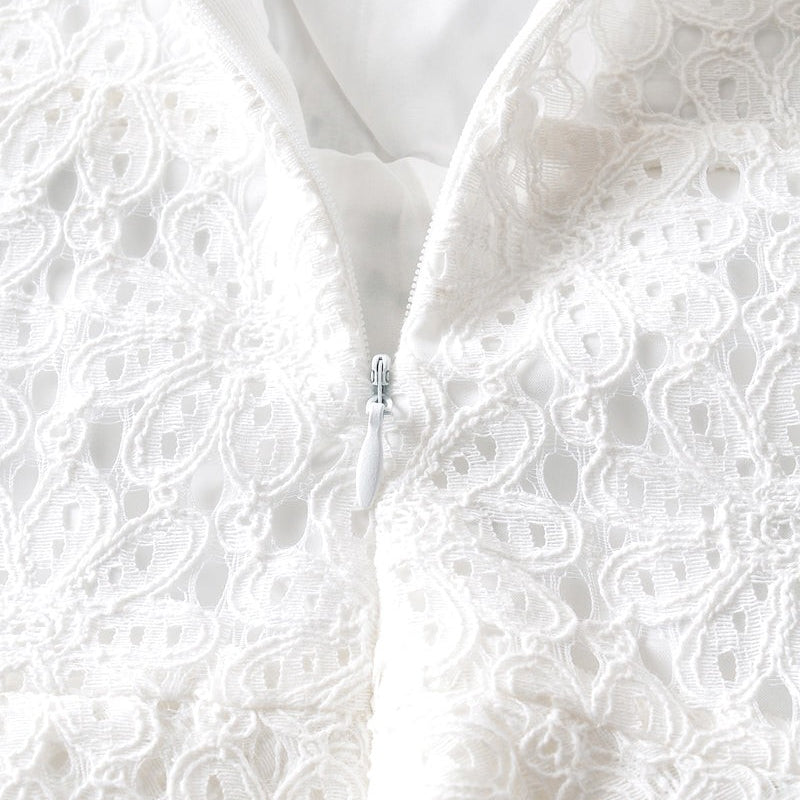 Elegant short lace dress featuring a zipper and intricate white lace detailing