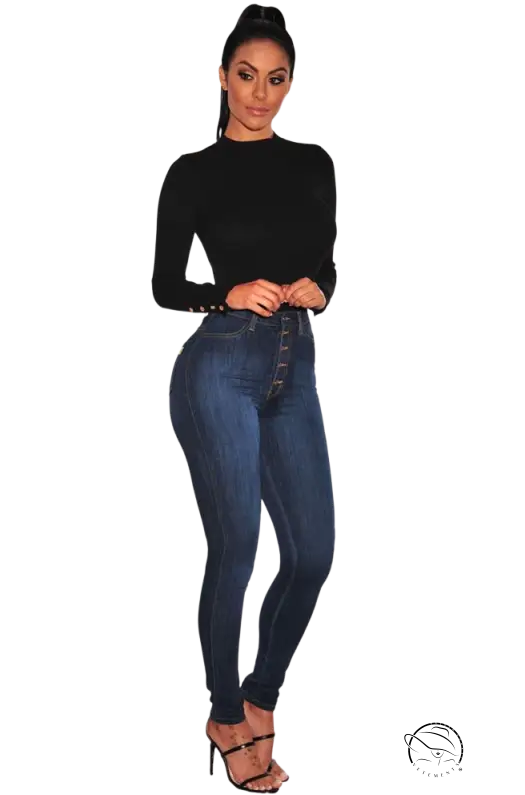 Woman in black top and waist stretch slim skinny denim blue casual jeans