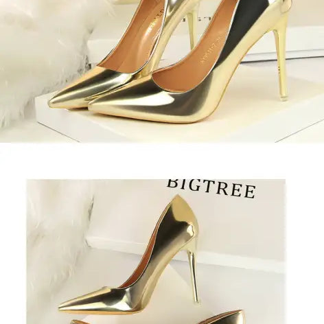 Elegant gold stiletto heels in fashionable metal high heels design