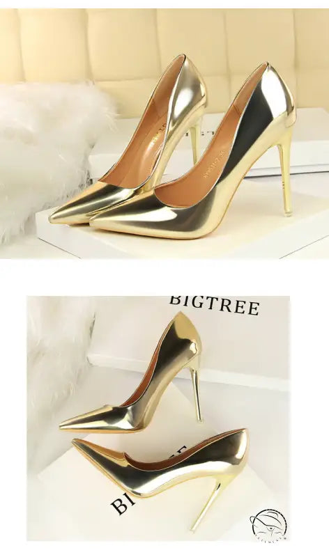 Elegant gold stiletto heels in fashionable metal high heels design