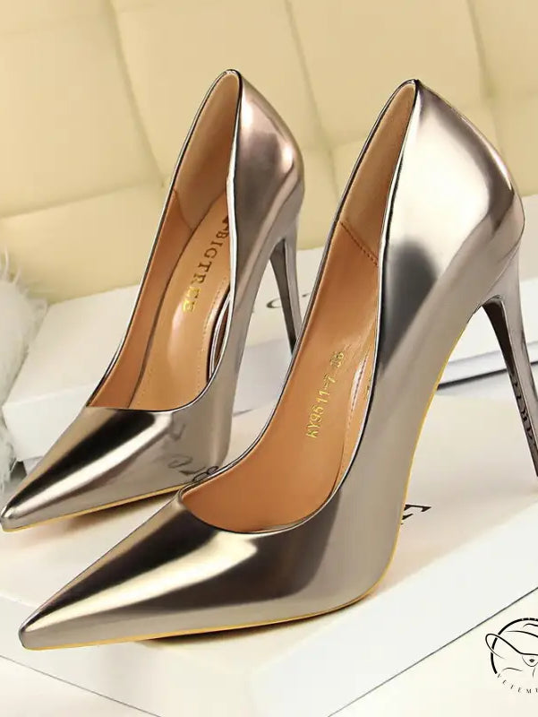 Pair of shiny pointed-toe langry fashion metal high heels